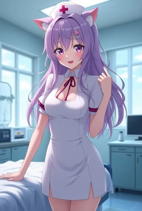  anime nurse latex dress 1 girl, Alone,  long hair, smile, violet eyes, Hair clip, Cat ears, In the patient room  