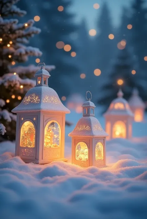 Des lanternes feerique découper en pointillé  qui laisse apparaître des images de village de Noël illuminées, pose sur de la neige qui est illuminees de jolie ombres et reflet