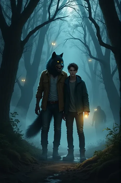 Scott McCall and Stiles Stilinski stand side by side in a dark, supernatural forest. Scott, with subtle werewolf features like glowing yellow eyes and fangs, stands protectively close to Stiles, who holds a glowing flashlight in his hand, illuminating thei...