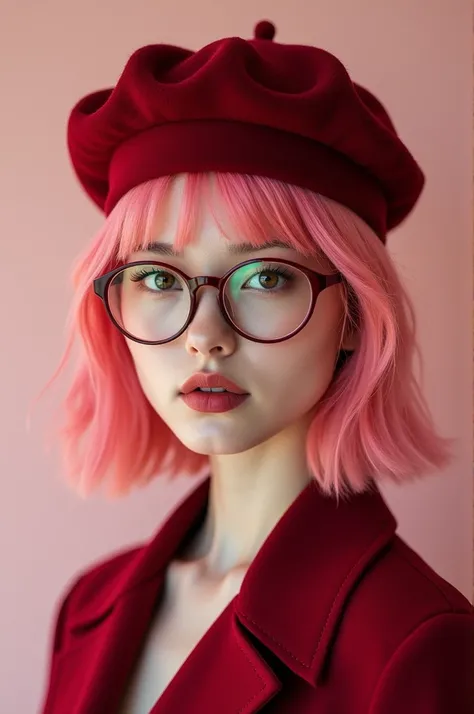  Girl in a teenage model with pink hair , She wears a eyeglass and has white skin ,  clothes and a beret both in burgundy red