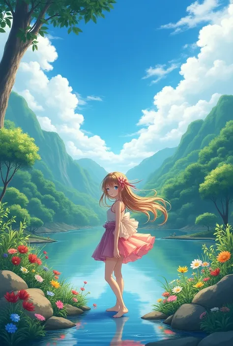 Anime girl with landscape 
background 