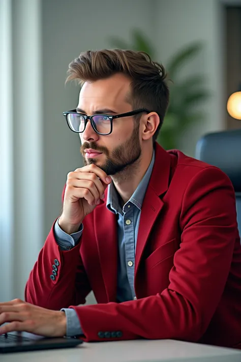 There is a man with glasses and a red jacket in front of a computer, professional image, professional profile photo, Very clear image