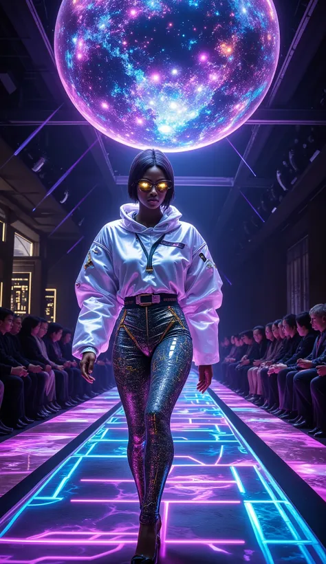 a futuristic fashion show set in a high-tech, cybernetic world with a touch of fantasy, the runway is illuminated with neon ligh...