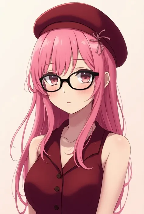  Girl in a teenage model with pink hair , She wears a eyeglass and has white skin , Clothes and a beret both in burgundy red in full body anime style