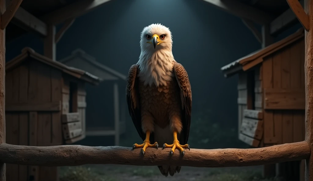 a 4 month old eagle, stepping on the stick. inside the chicken coop. its night time.