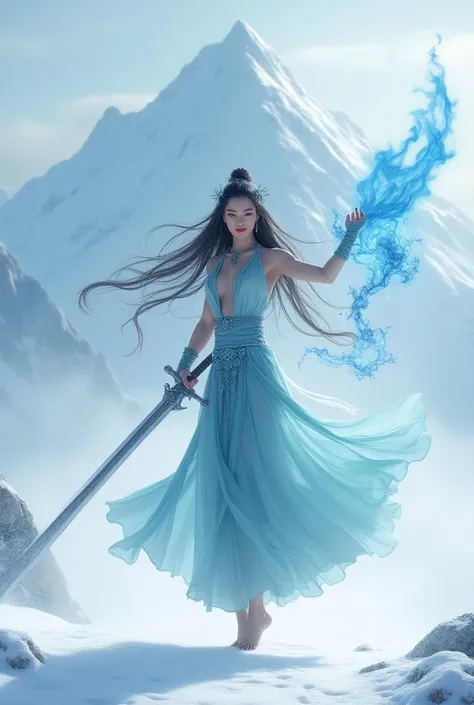 Drawing the sword of the snow mountain, the sword with the cold ice flame of the ancient style woman, holding the blue flame burning sword, naked dancing sword in the snow long hair flowing, holding a silver long sword beautiful woman, wearing jade jewelry...