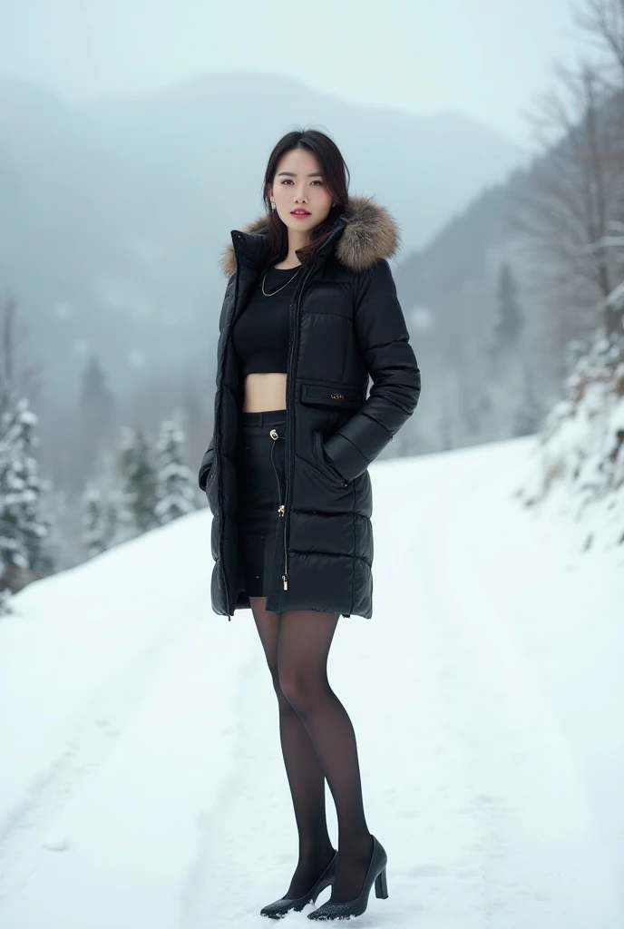 A Chinese woman  (THAT. 50 years old)  stands in DOrsay pumps without stockings ,  mini skirt and belly butt-free crop top on a snowy path in the Harz Mountains.  Her breath forms small clouds due to the freezing cold .