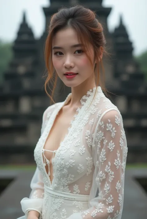  Hyper smooth realistic details photo graphy a beautiful asian woman wearing a modern kebaya in white, batik fabric ,beautiful dyed hair ... smiling looking at the camera .  Body sexi bak guitar spanish  .  Standing gracefully in front of Borobudur temple ...