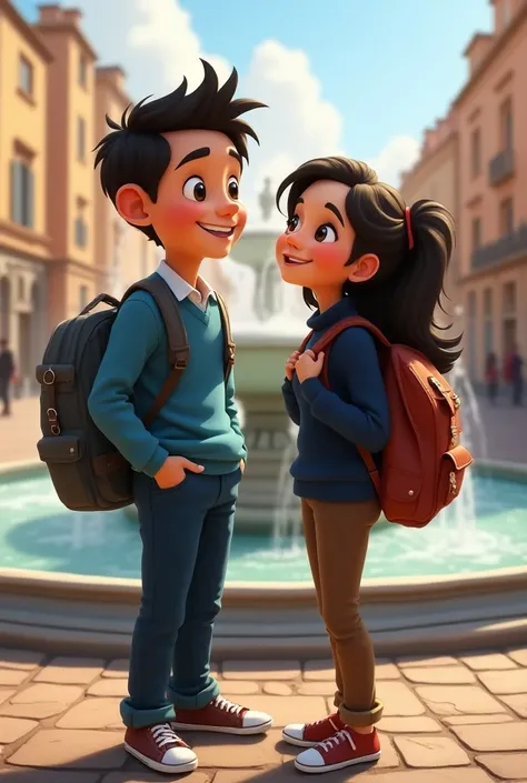 Disney Pixar cover Boy and girl couple in Rome ,  behind a fountain .  The boy sees the girl . both smiling.  The girl dressed in brown pants and dark blue sweater.  The boy is dark tea with blue pants and blue sweater. Both with backpack .
