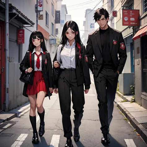 make a young boy with black hair and brown eyes wearing a male school outfit next to a vampire girl with long black hair and red eyes wearing a female school outfit walking on a street near the school