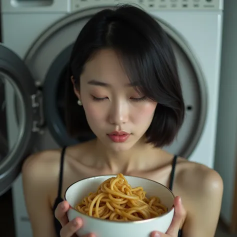  Japanese women、  short bob hair holding noodles、(  Face in Front of Washing Machine )、Smooth Skin、masterpiece、 best quality、8K Photo、((目を閉じてand open your mouth slightly))、 eyes are wide open 、 Bear々麺を持っている、 looks,  shortcuts,  accessories,  earrings,  Dut...