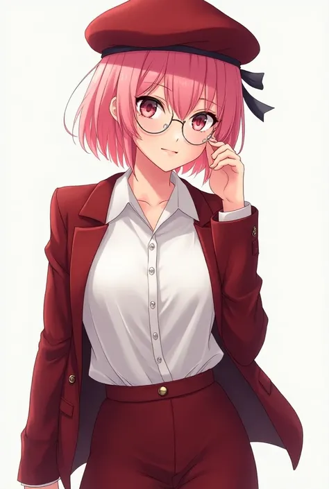  Girl in a full-body teenage model with pink hair , She wears a eyeglass on just one eye and has white skin ,  white blouse and burgundy blazer and a beret both in burgundy red in anime style Full body 