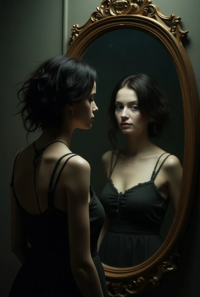 Shadow of a woman with dirty short hair looking at a mirror where the same woman looks with long hair radiant elegant happy