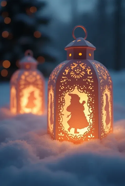 Gros plan Des lanternes feerique découper en pointillé  qui laisse apparaître des images pere  Noël en pointillé illuminées, pose sur de la neige qui est illuminees de jolie ombres et reflet