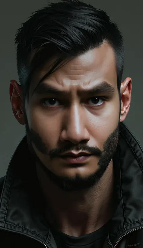 Realistically a man with black hair with a low fade cut, sober and deep look, dark circles under his eyes, slightly reddish brown eyes, reasonably defined jaw, vertical cut scar over right eye, full beard but short and somewhat poorly done.