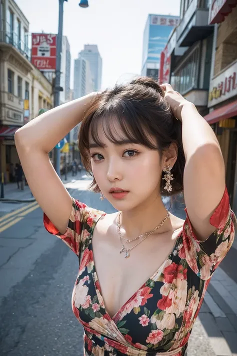  best quality,  super high definition, (Realistic: 1.4), Floral Dress,  street background  ,necklace, earrings, cowboy shot、  fold your hands behind your head、looking at viewer,small breast,18 years old、Shoot from below