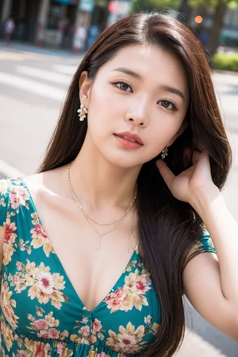  best quality,  super high definition, (Realistic: 1.4), Floral Dress,  street background  ,necklace, earrings, cowboy shot、  fold your hands behind your head、looking at viewer,small breast,18 years old、Shoot from below