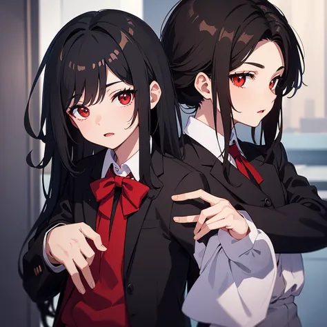 make a young boy with black hair and brown eyes wearing a male school outfit next to a vampire girl with long black hair and red eyes wearing a female school outfit in a square 