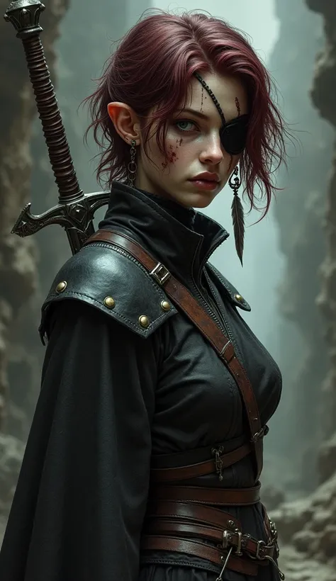 Imagine a not very beautiful woman scarred with a face deformed by the fighting, assassin, psychopath, elf with short hair, red, dark brown, stripping her sword from its black leather scabbard., lame violette, patch noir sur loeil, medieval dark fantasy, f...