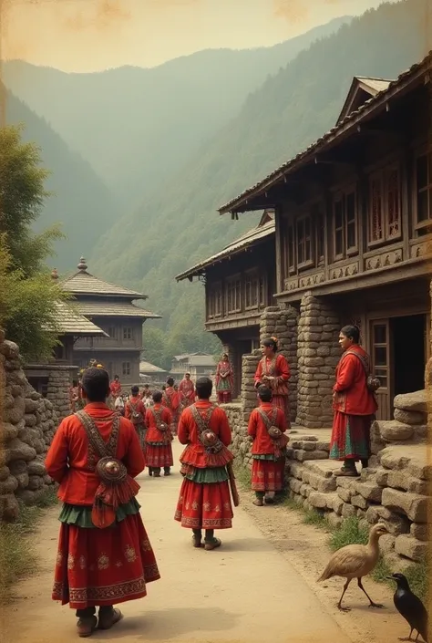 very old rare photo of nepal.house,clothes,festival,animal,bird.