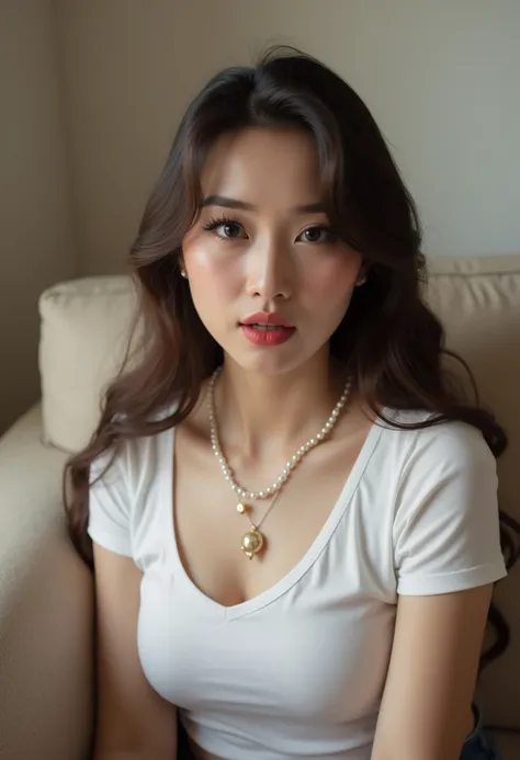 a beautiful vietnamese woman, long hair wearing white t-shirt and a pearl necklace, sitting on the sofa in her house looking at the camera with doing the duck face and kissing the camera, winking, playfulness, posted on Snapchat stories. The photo was take...