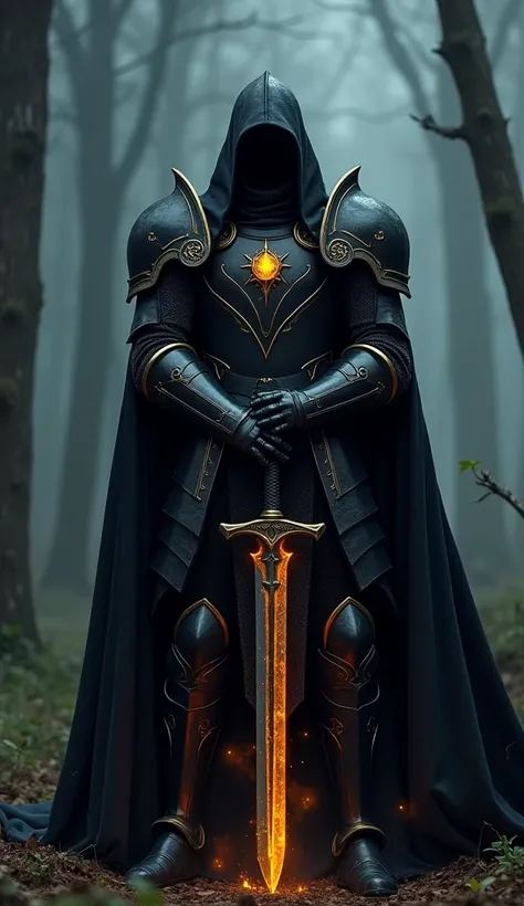 black knight, Knight in flaming black armor  , Stick the two-handed sword into the ground , Hold the swords fist with both hands,black cover, Supernatural armor ,Gold-colored line ,night forest,Fog, cloak fluttering in the wind ,( Wear a black robe over hi...