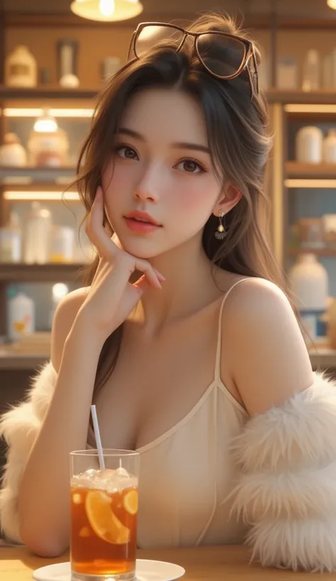 In the image, a young Chinese woman with fair, smooth skin is sitting at a table in what appears to be a cafe or bakery. She has long, wavy hair and is wearing a light-colored off-the-shoulder top with fur-like sleeves. On her head, she has a pair of sungl...