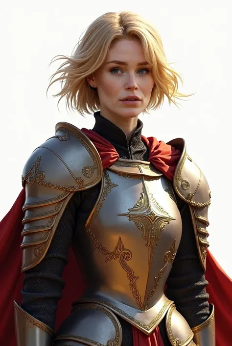 Best quality, masterpiece, ultra high resolution, white background, realistic, hadesstyle, retracted from a 26-year-old princess on the battlefield, short blonde hair, amber eyes, Imperial Prince armor, cape, depth of field