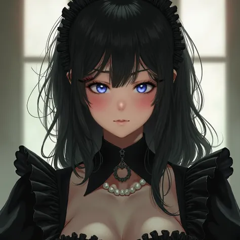 portrait, 1 woman, beautiful, full head, only upper body, wearing a black maid outfit with frills, medium breasts, focus on her face, glowing red eyes, glare, black hair, disheveled hair, long hair, hair hanging back, hair on shoulders, pearl necklace, pal...