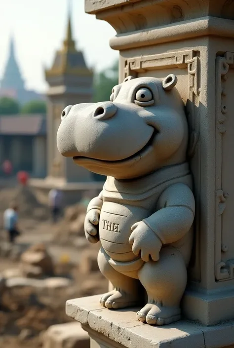 A cute Hippo statue is on the wall during the construction of the ancient capital of Thailand.