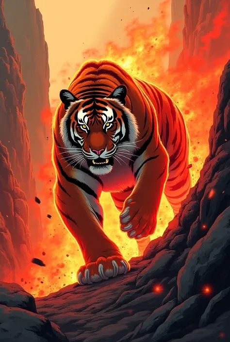 Illustration Art, Comic, Tiger with Red Flame on the mountain