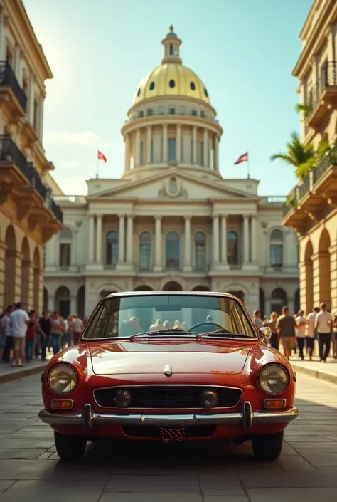 Create the hybrid image between a lada 2107 and a bottle of noble Beluga Russian vodka parked in front of the capitol with the golden dome of Havana Cuba