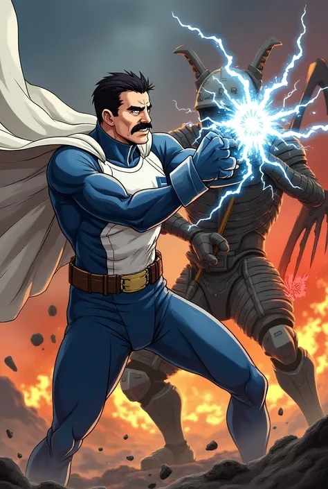 Intense fight scene between two characters. Character 1: a (Middle-aged man with short black hair, in white cape, handle bar mustache, wearing skin tight white and blue original superhero suit, white gloves and white boots: (blue and white cosmic Energy em...