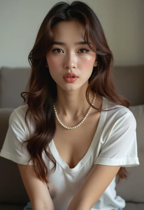 a beautiful vietnamese woman, long hair wearing white t-shirt and a pearl necklace, sitting on the sofa in her house looking at the camera with doing the duck face and kissing the camera, winking, playfulness, posted on Snapchat stories. The photo was take...