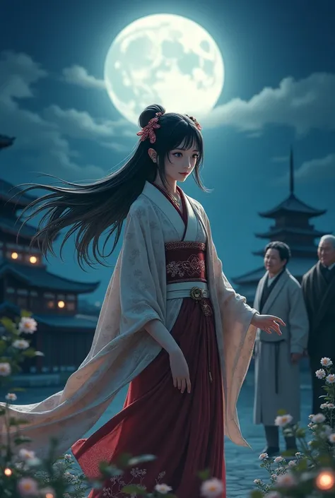 Princess Kaguya、Kyoto、Moon in the background、Black Hair、kimono、Wealthy old man、Granny、smile、Realistic