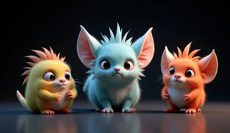 Generate a high-quality 3D image of cute monsters using advanced rendering and modeling techniques. Use the following software for creation: 3DS Max, SketchUp, SolidWorks, AutoCAD, Blender, Vectary, MeshMixer, and Unreal Engine 5. Apply photon mapping, rad...