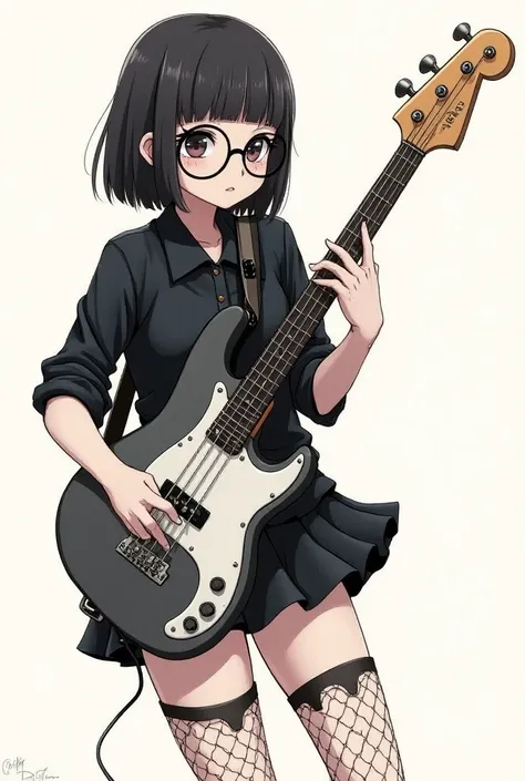 The best anime-style tattoo ,  who is a sketch for a tattoo on her forearm,  Of a girl in net stockings , skirt, black blouse, round glasses, straight hair that reaches the shoulders , fringe, playing the electric bass 