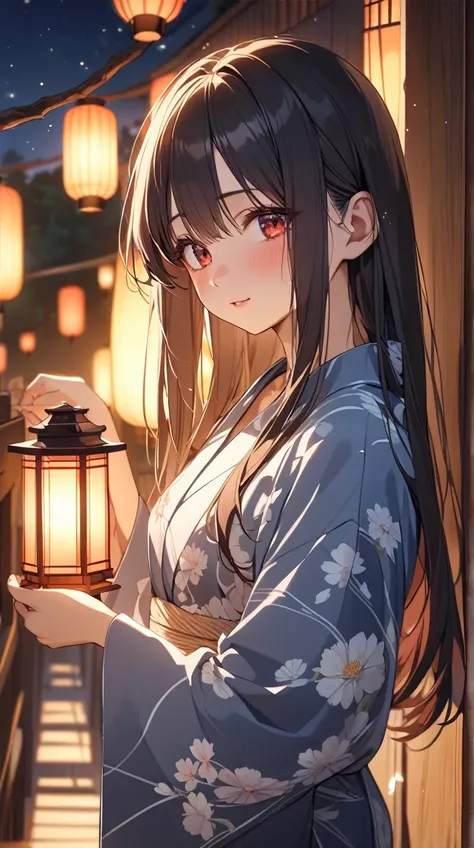 One Girl、 Thoughtful expression 、Deep Eyes、 Long straight hair 、Traditional Yukata、Graceful pose、Small breasts、 Soft red cheeks 、 holding lanterns 、  
break、  
Twilight Light、（ Dramatic lighting:1.4）、Warm shades、 Soft Focus 、 CULTURAL ATMOSPHERE 、An enchan...