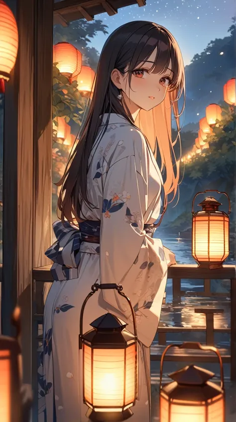 One Girl、 Thoughtful expression 、Deep Eyes、 Long straight hair 、Traditional Yukata、Graceful pose、Small breasts、 Soft red cheeks 、 holding lanterns 、  
break、  
Twilight Light、（ Dramatic lighting:1.4）、Warm shades、 Soft Focus 、 CULTURAL ATMOSPHERE 、An enchan...