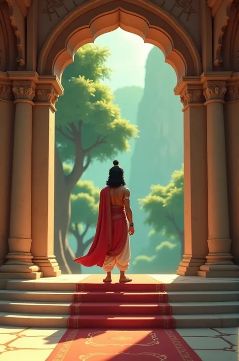 "GENERATE IN CINEMATIC 3D CARTOON STYLE"Sentence: In ancient times, King Dasharathas son, Lord Rama, accepted exile for the sake of his duty and righteousness.

Image Prompt: A young Lord Rama, dressed in traditional royal attire, leaving the grand palace ...