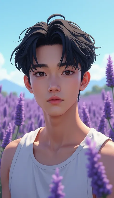 Japanese,23-26, Handsome man,  fair skin, black eyes（thin eyes 1：3), (Super detailed, best quality, 4K, 8k, High resolution, masterpiece:1.3) realistic pic, summer, tank top, background is lavender fields