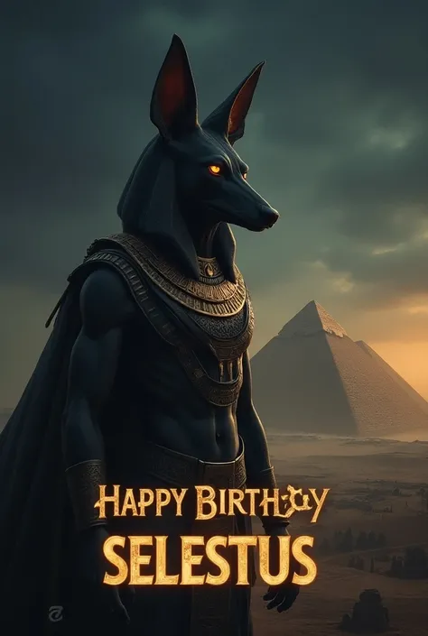 An Anubis with a background of pyramids in the dark , with text in Spanish that says happy birthday Selestus 