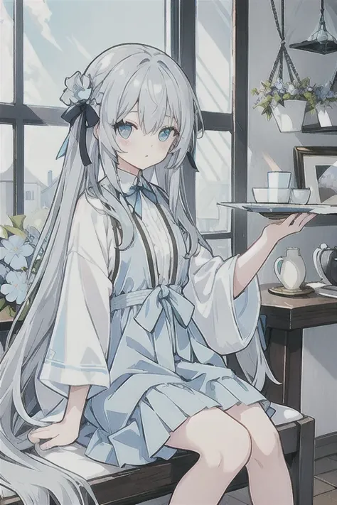 Gray hair、Very long hair · side tail on the right side · eyes of a different color 、Left eye is light blue、 right eye {x} right eye is gray · loose blouse · light blue cardigan · light blue skirt · wearing gray ribbon · girl · quiet · light blue flower fie...