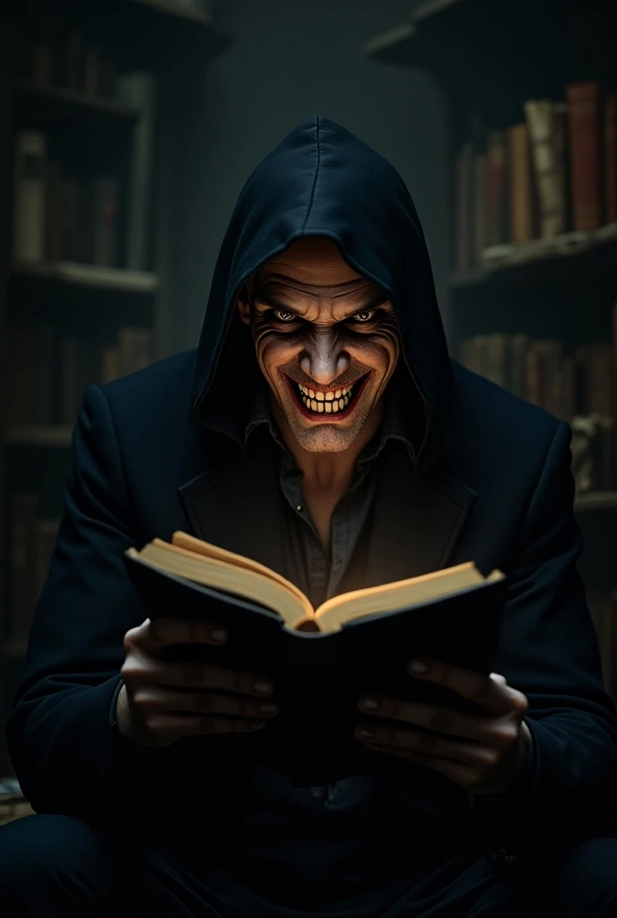 Could you make an image of a mysterious man reading a book with an evil smile like a rugal?