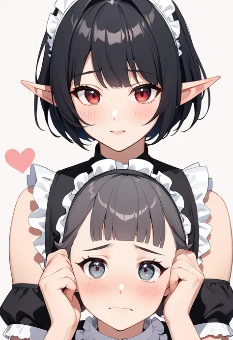 1girl, elf, wearing maid bikni, bashful expression, blushing red, short hair, gray eye color, (black hair color)