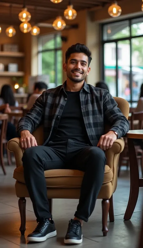 A handsome Indonesian man,  wearing a black flannel shirt, black jeans,  cool sneakers ,  sitting in a comfortable chair ,  cafe background , wide shoulders , broad chest.