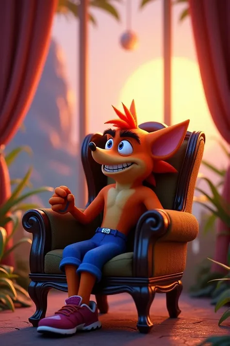 Crash Bandicoot, sitting, in an armchair, Watching at dusk, 