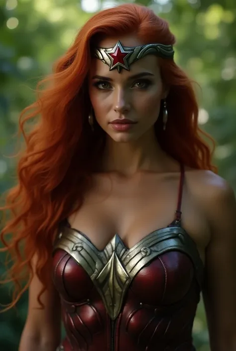 A beautiful woman with long red hair under the mantle of the Amazon warrior Wonder Woman headband in black/silver metal with a red star on her forehead live action 