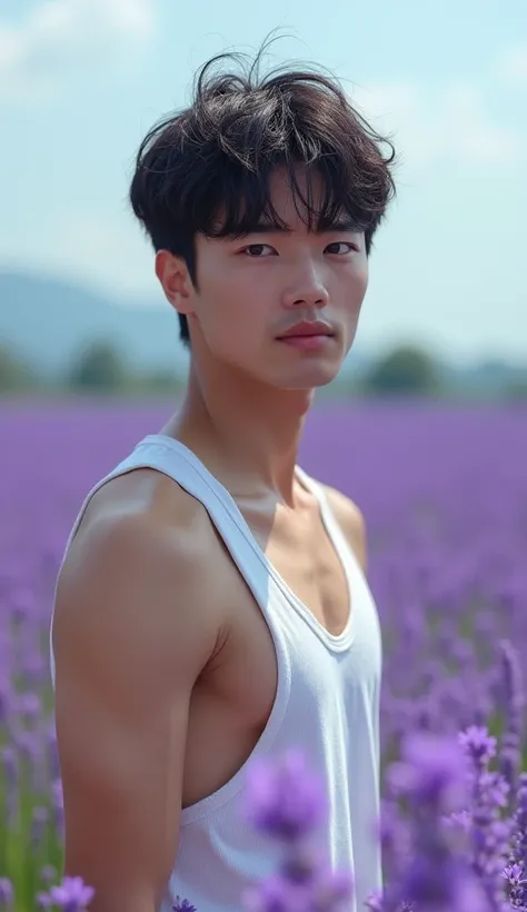 Japanese,23-26, Handsome man,  fair skin, black eyes（thin eyes 1：3), (Super detailed, best quality, 4K, 8k, High resolution, masterpiece:1.3) realistic pic, summer, tank top, background is lavender fields, full body 