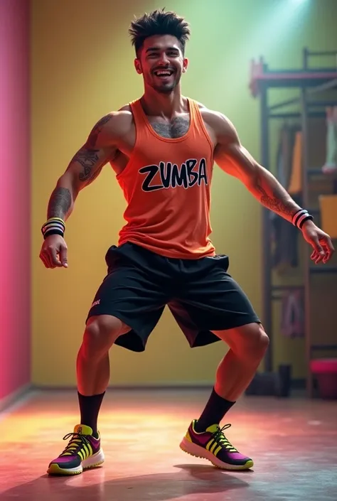 Diney Pixar little , 24 year old boy, white test,  a little muscular, with tattoo boy on his neck and shoulder , with black hair, Dancing,  smiling a lot while looking to the front , tank top with the word  "zumba" written on the shirt,  with black shorts ...